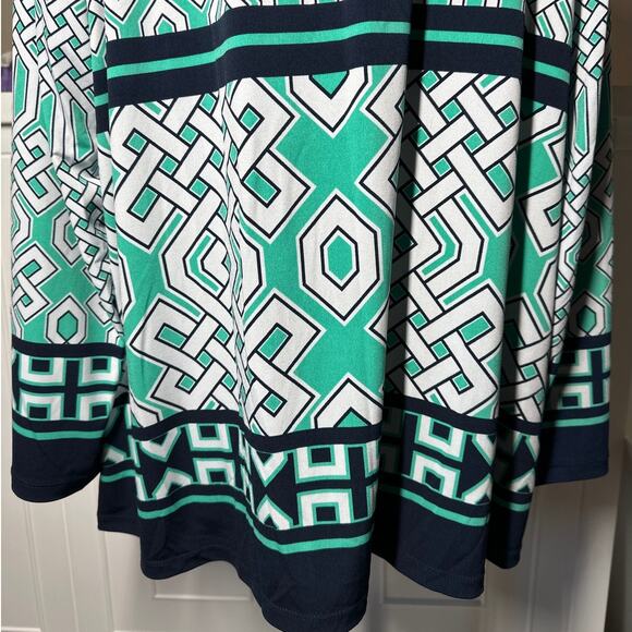 Susan Graver Liquid Knit Geometric Open Cardigan Sz 1X Teal Green Black Stretch - Picture 6 of 8